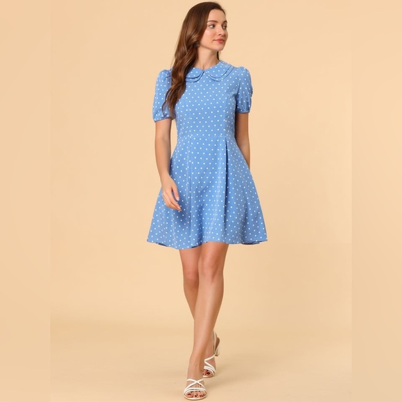 NWT Allegra K Heart Print Short Sleeve A-Line Peter Pan Collar Mini Dress Blue - Picture 11 of 13